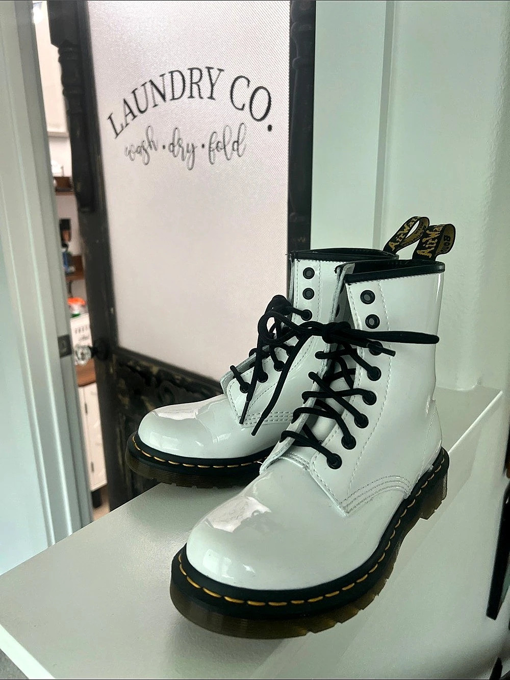 Dr. Martens 1460 Patent Leather Lace Up Boots Patent Leather Combat Boots White